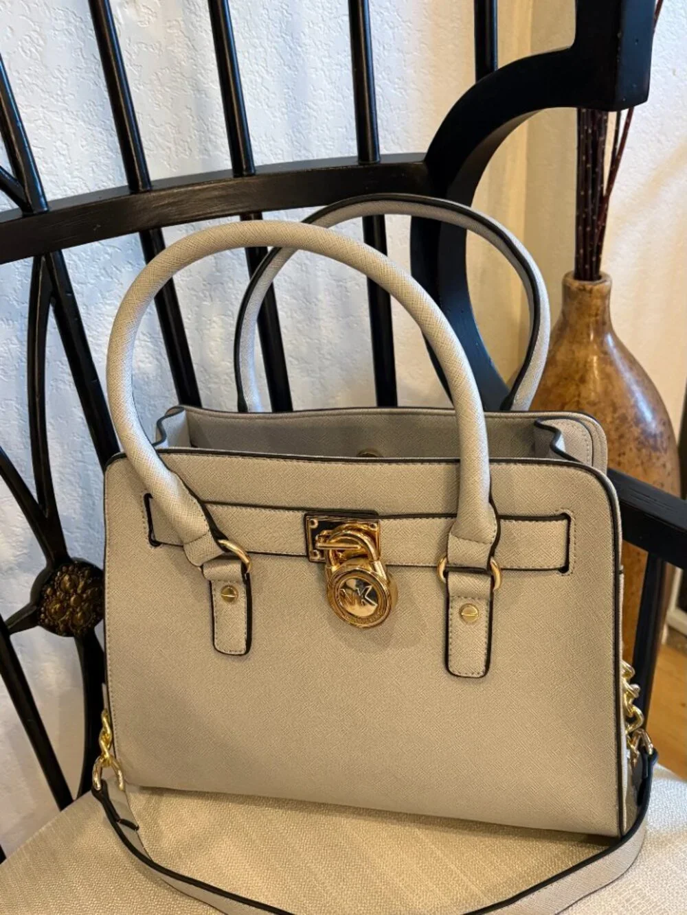 Michael Kors Hamilton Saffiano Leather Medium Satchel Light Grey Gold Hardware